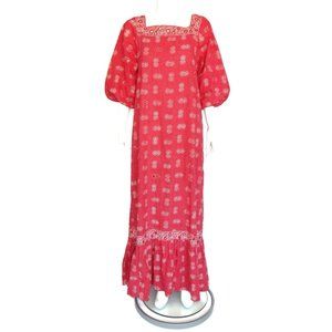 Vtg 1970s Ramona Rull Dress Cotton Mirror Red Floral Dot Puff Sleeve sz L /9089